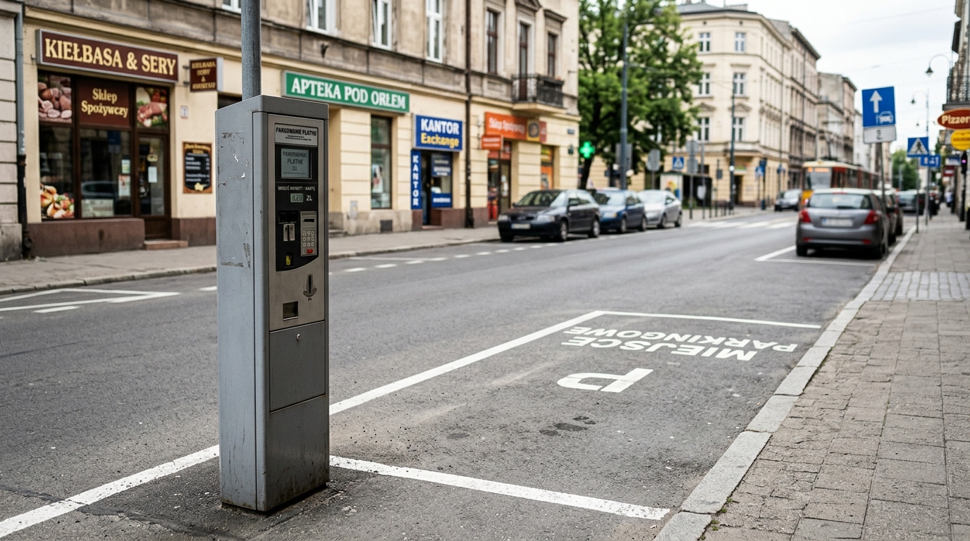 Płatne miejsce parkingowe w centrum polskiego miasta, parkomat, znak drogowy, atmosfera codzienna miejska