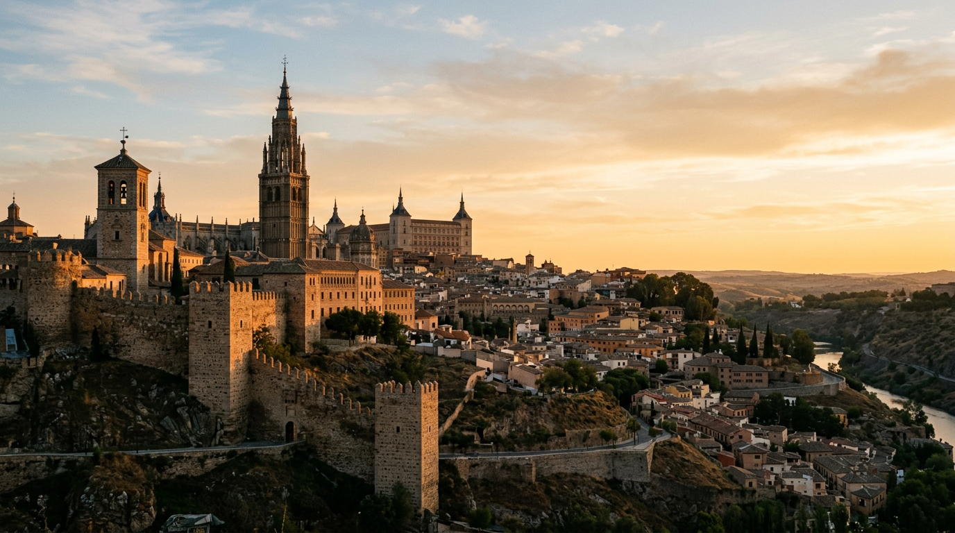 Stare miasto Toledo o zmierzchu, mury i dachy katedry, hiszpański krajobraz
