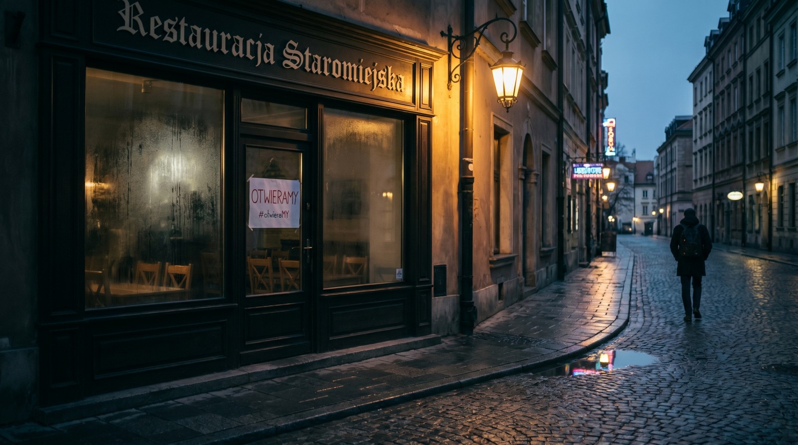 Zamknięta polska restauracja z kartką OTWIERAMY w oknie, pusta ulica staromiejska, zimowy zmierzch - styczeń 2021