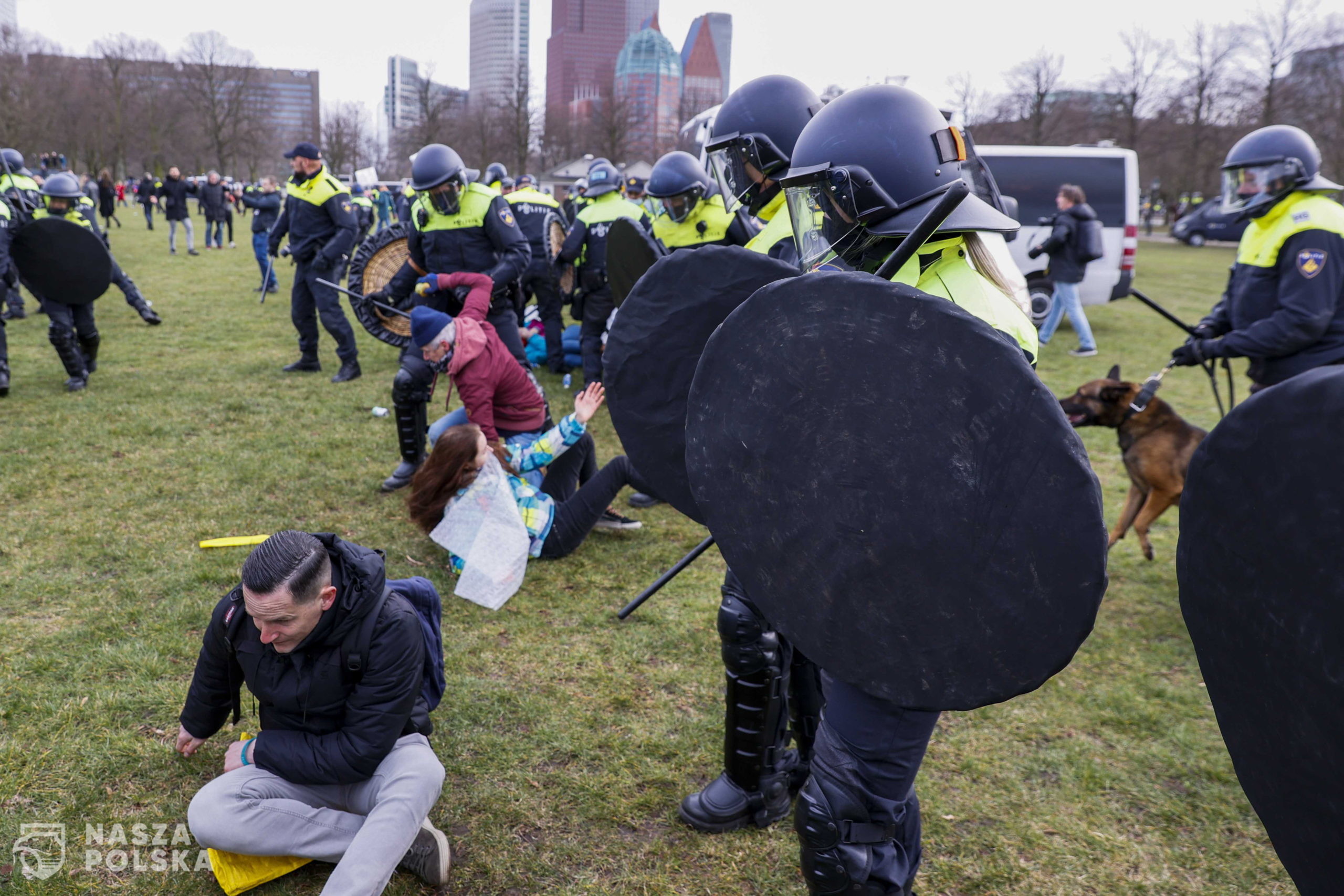 epa09073960 Police officers disperse anti-lockdown protesters at the Malieveld in The Hague, The Netherlands, 14 March 2021. After protesting for weeks against coronavirus measures, demonstrators ended their protests in The Hague.  EPA/ROBIN VAN LONKHUIJSEN 
Dostawca: PAP/EPA.