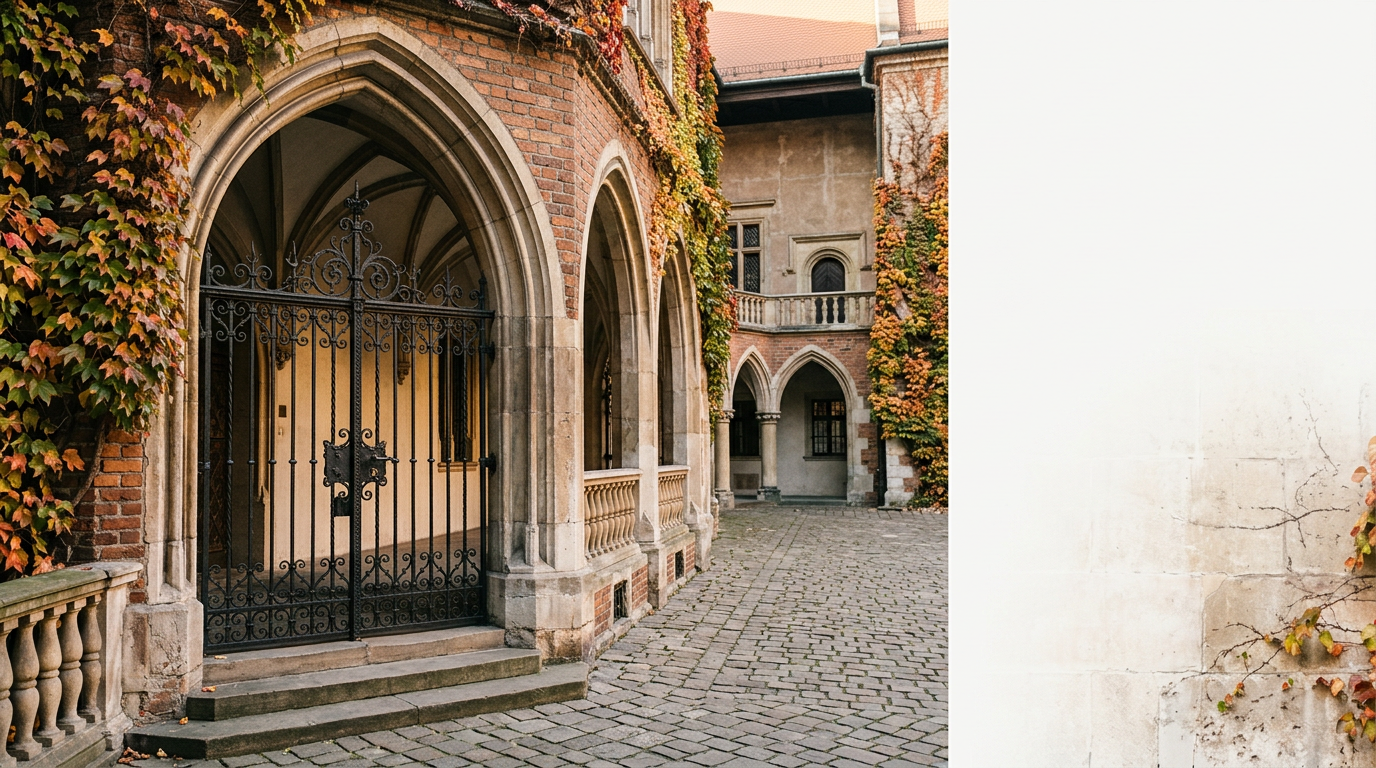 Dziedziniec Collegium Maius UJ, gotycki bramy, jesienna roślinność