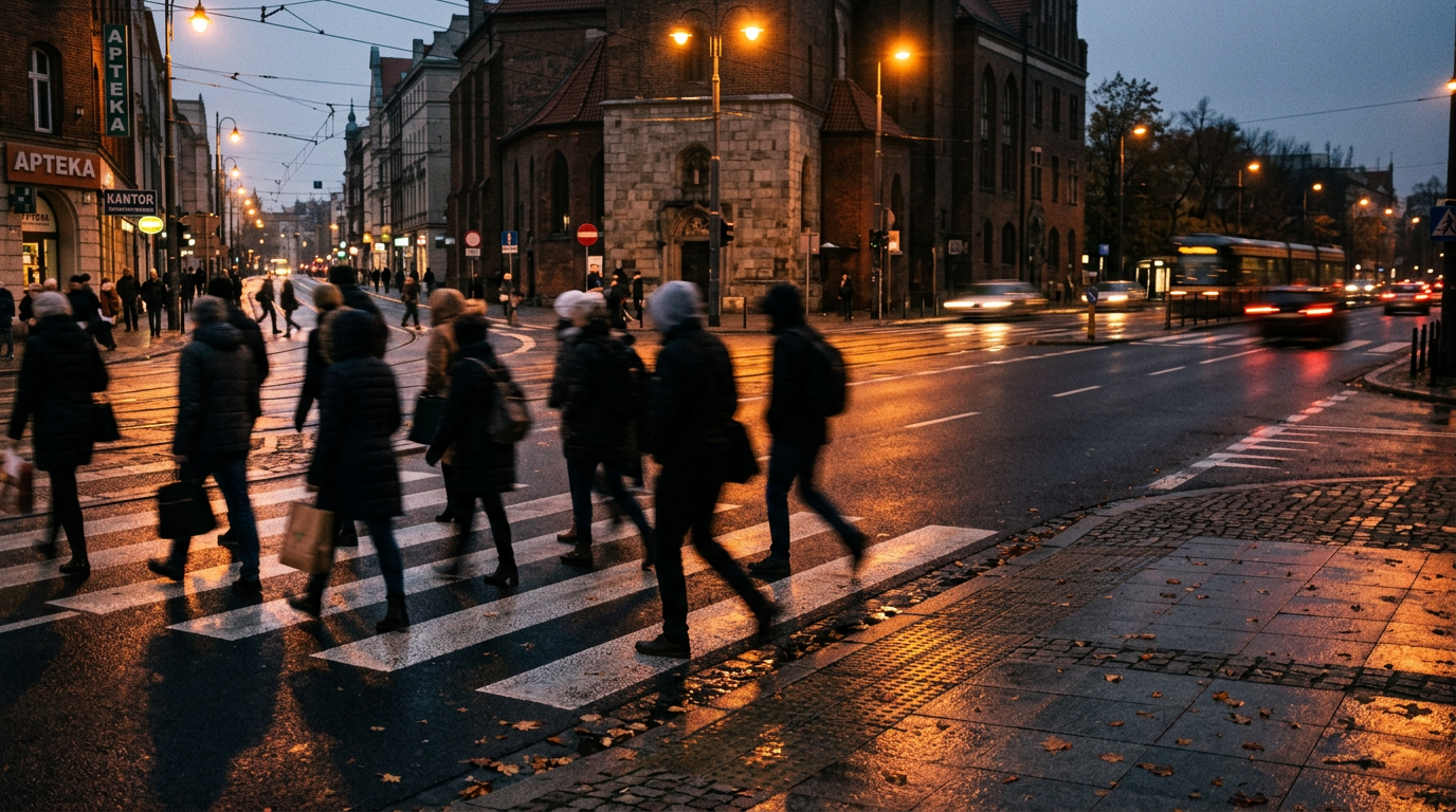 Tłum przechodniów na warszawskim przejściu, rozmyte sylwetki, jesienne światło