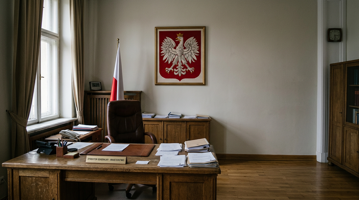 Puste biuro instytucji państwowej, godło polskie w tle