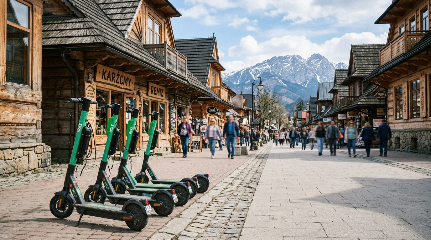 Hulajnogi elektryczne Bolt zaparkowane przy Krupówkach w Zakopanem, Tatry w tle