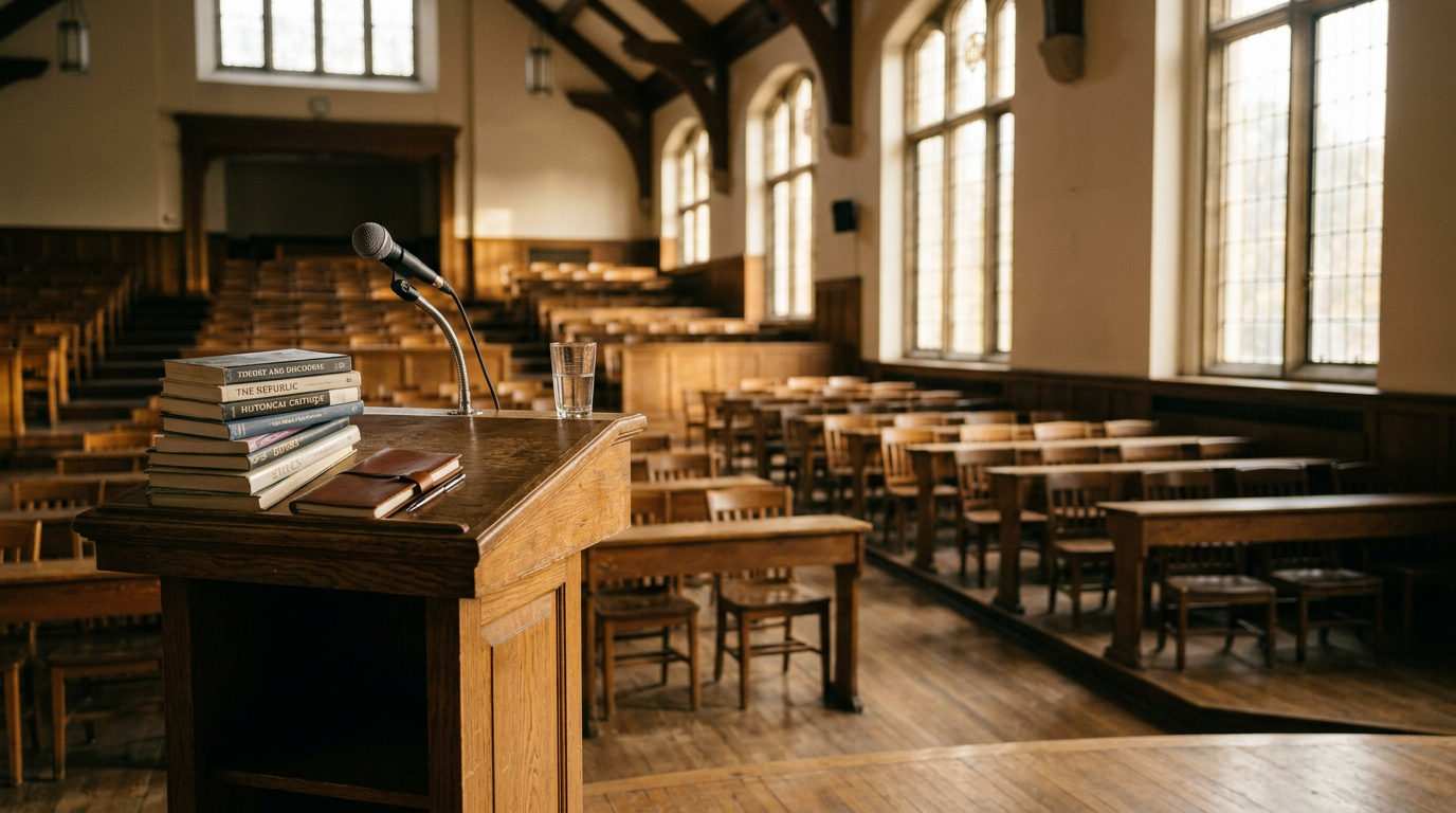 Pusta sala akademicka z podium, książki, tematyka filozoficzna