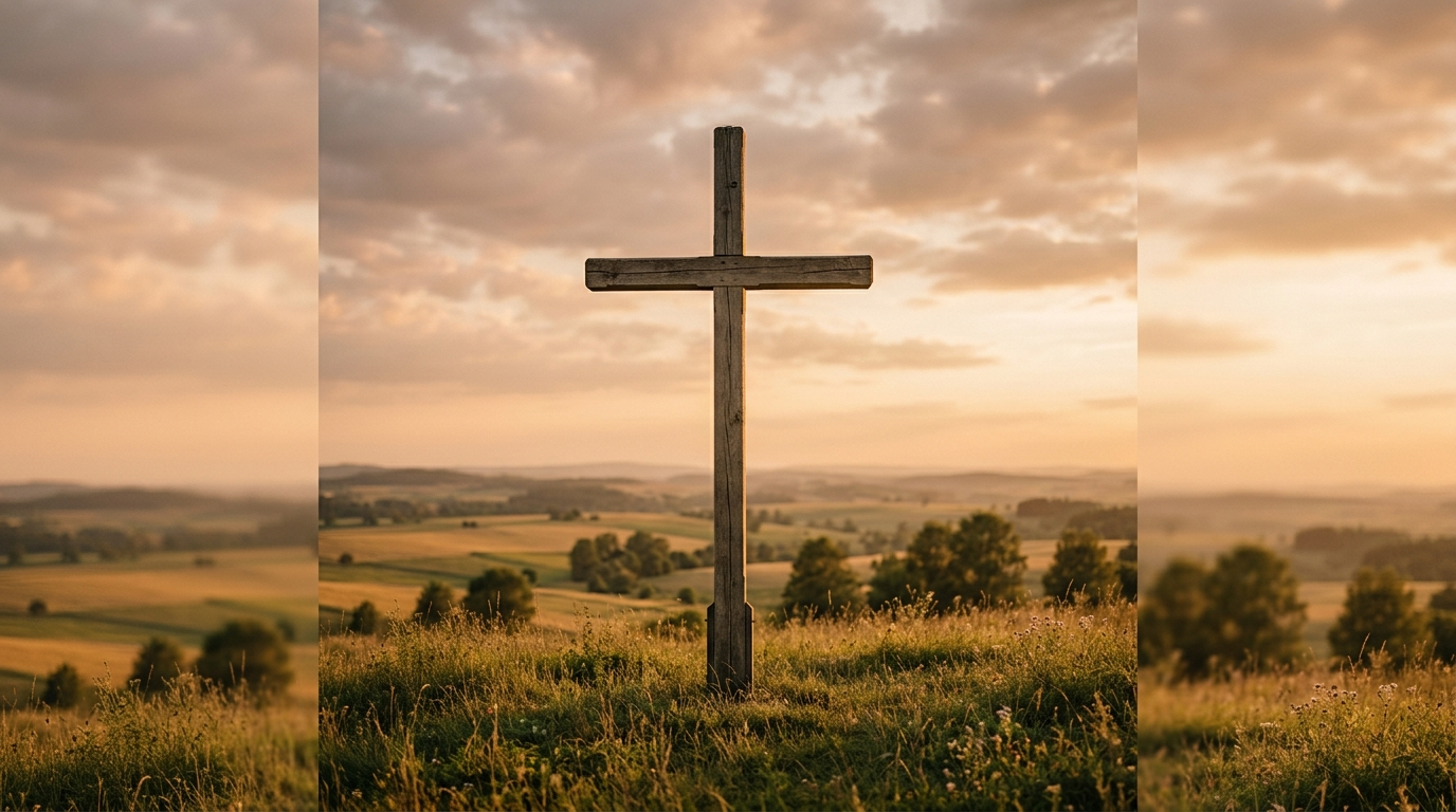 Drewniany krzyż na wzgórzu o zachodzie słońca — symbol Krucjaty Młodych