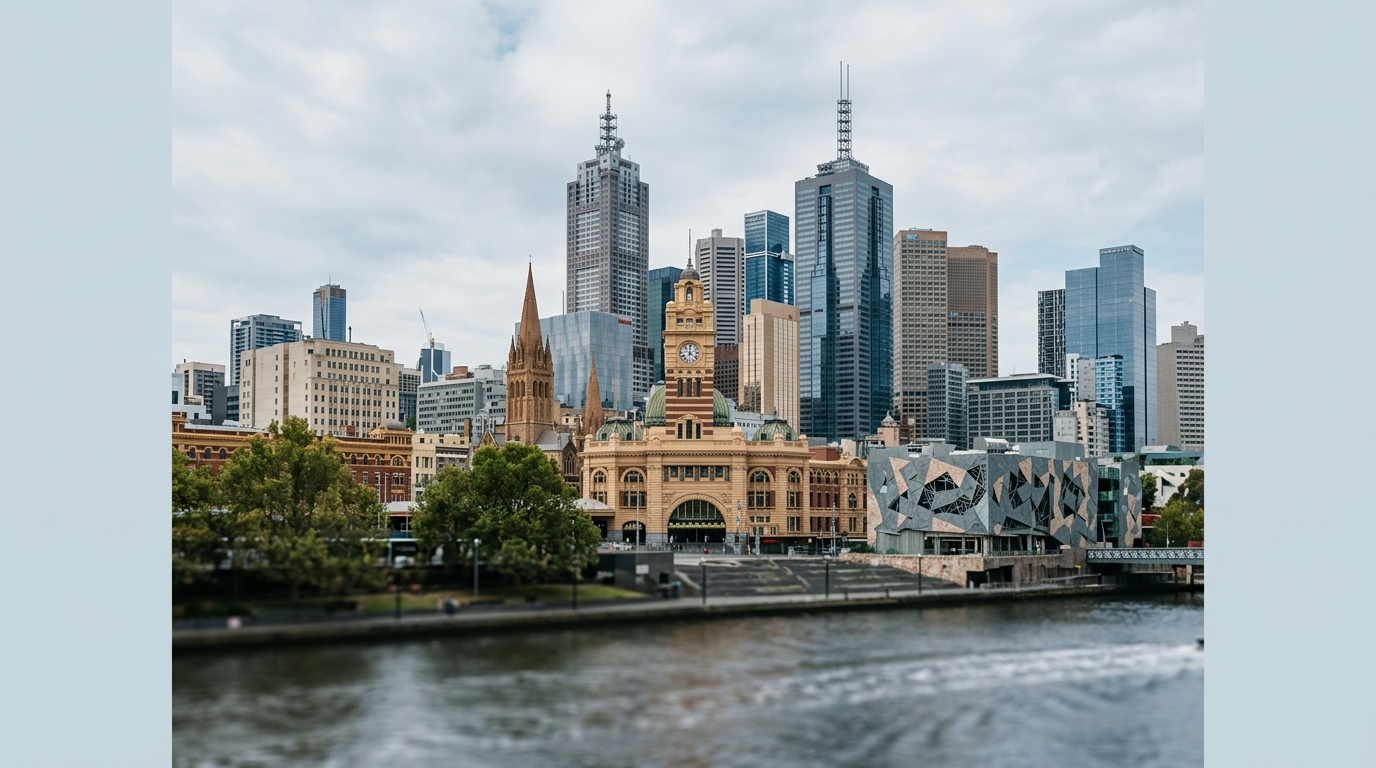 Melbourne, Australia — panorama miasta z wieżą stacji Flinders Street, tło protestów z listopada 2021