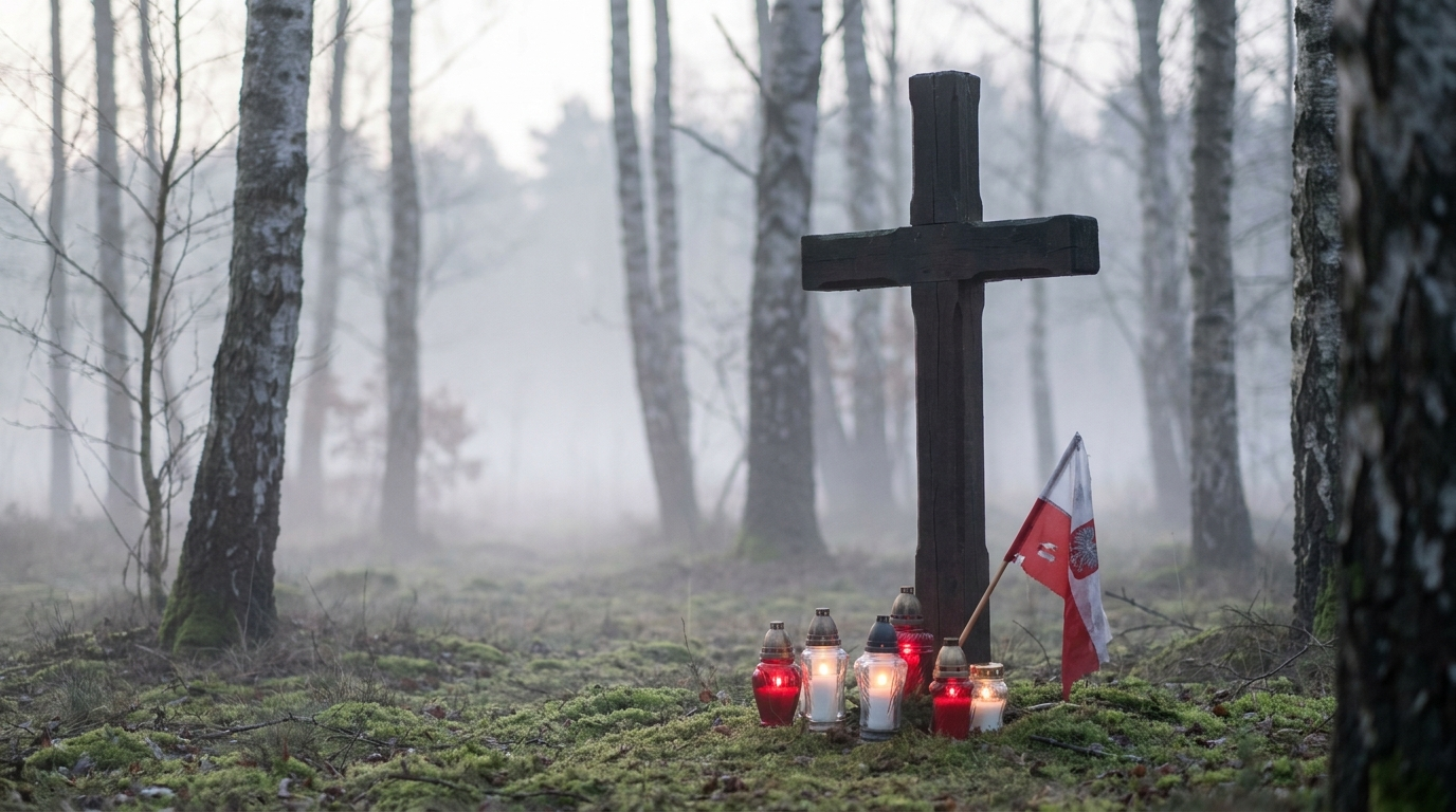 Znicze i biało-czerwona flaga na leśnej mogile — pamięć o Żołnierzach Wyklętych i podziemiu niepodległościowym