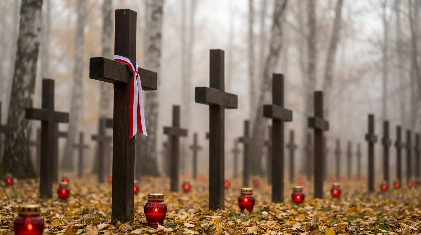 Krzyże i znicze w brzozowym lesie — pamięć o ofiarach Operacji Polskiej NKWD i Bykowni