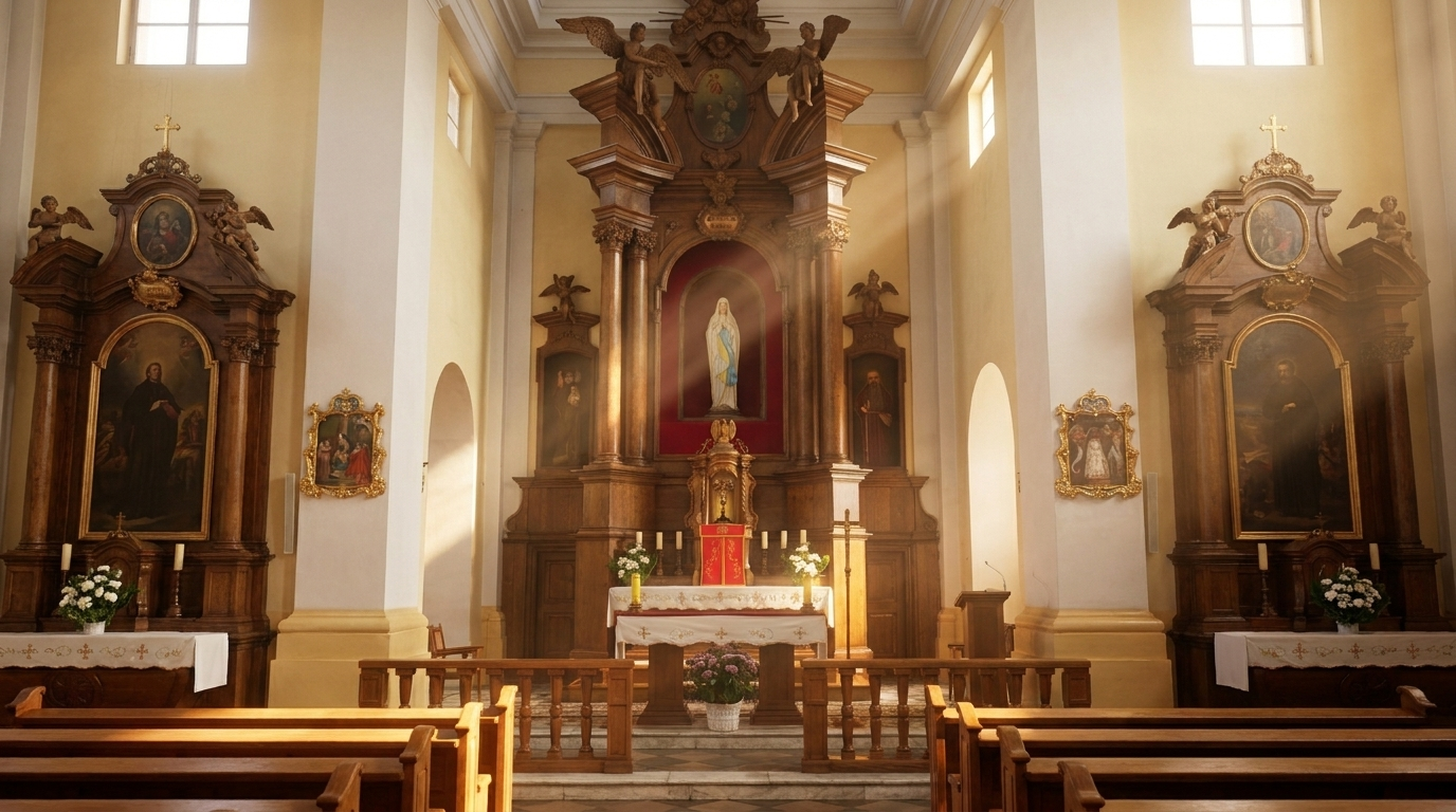 Modlitwa do św. Rity o uwolnienie od perfekcjonizmu - spokojne wnętrze kościoła w łagodnym świetle