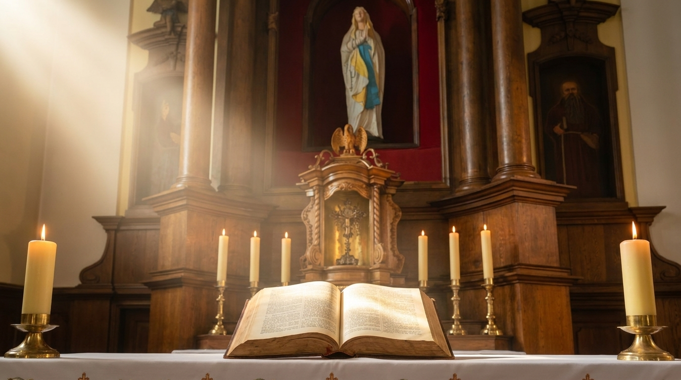 Modlitwa do św. Rity o zrozumienie woli Bożej – otwarta Biblia na ołtarzu w smudze światła