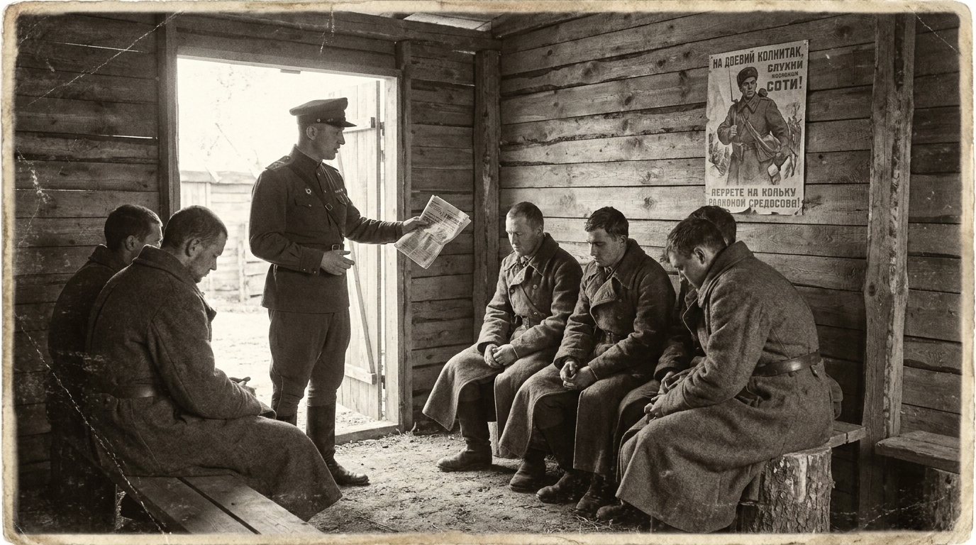 Oficer oświatowy (politruk) 1. Dywizji prowadzący pogadankę polityczno-wychowawczą wśród żołnierzy, 1943 r.
