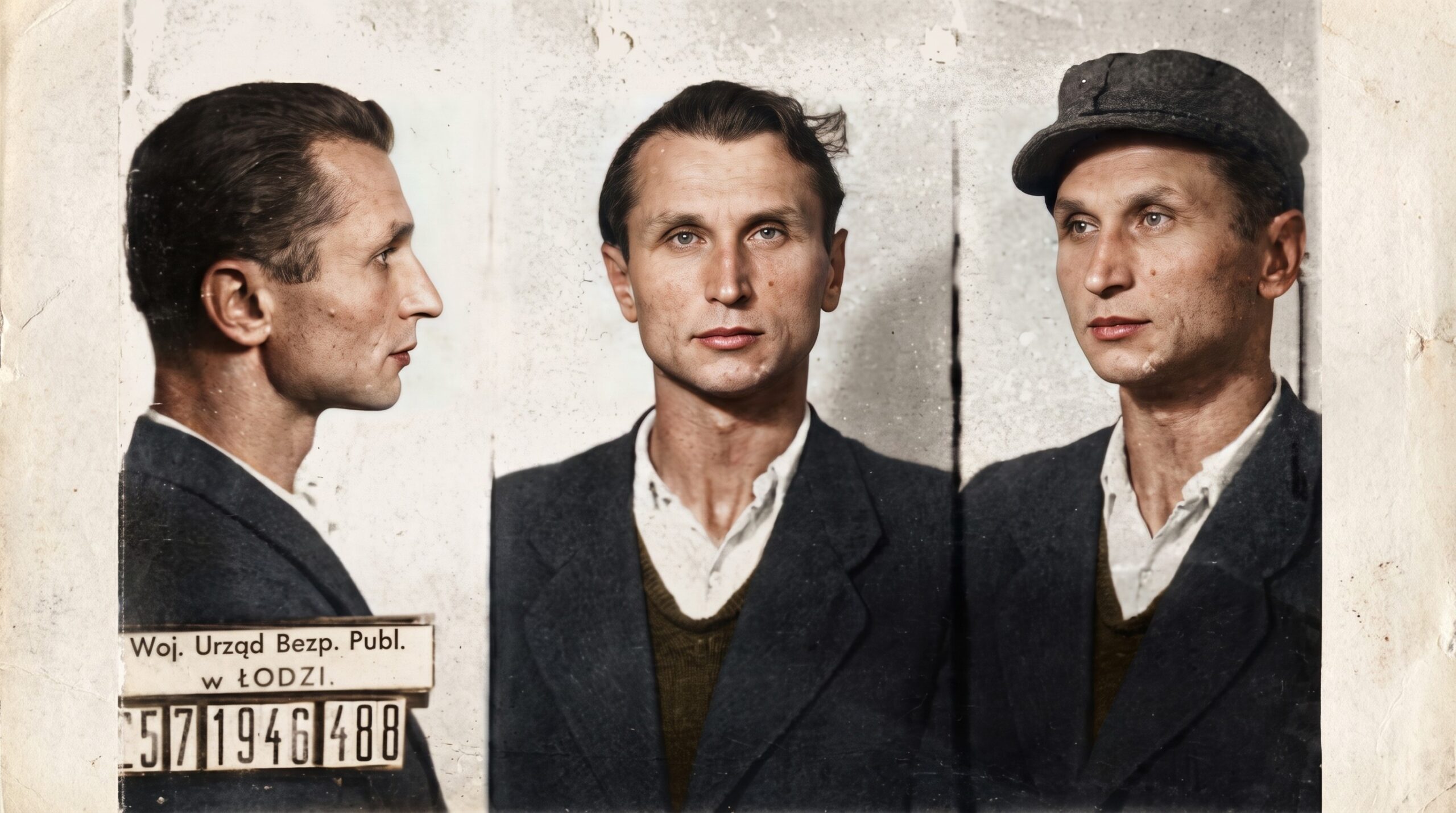Kpt. Stanisław Sojczyński „Warszyc” – zdjęcie sygnalityczne WUBP w Łodzi 1946, współczesna koloryzacja