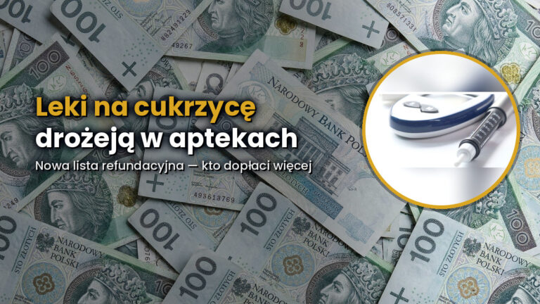 Ceny leków na cukrzycę — glukometr i pen insulinowy na tle polskich banknotów 100 zł (fotomontaż redakcyjny)