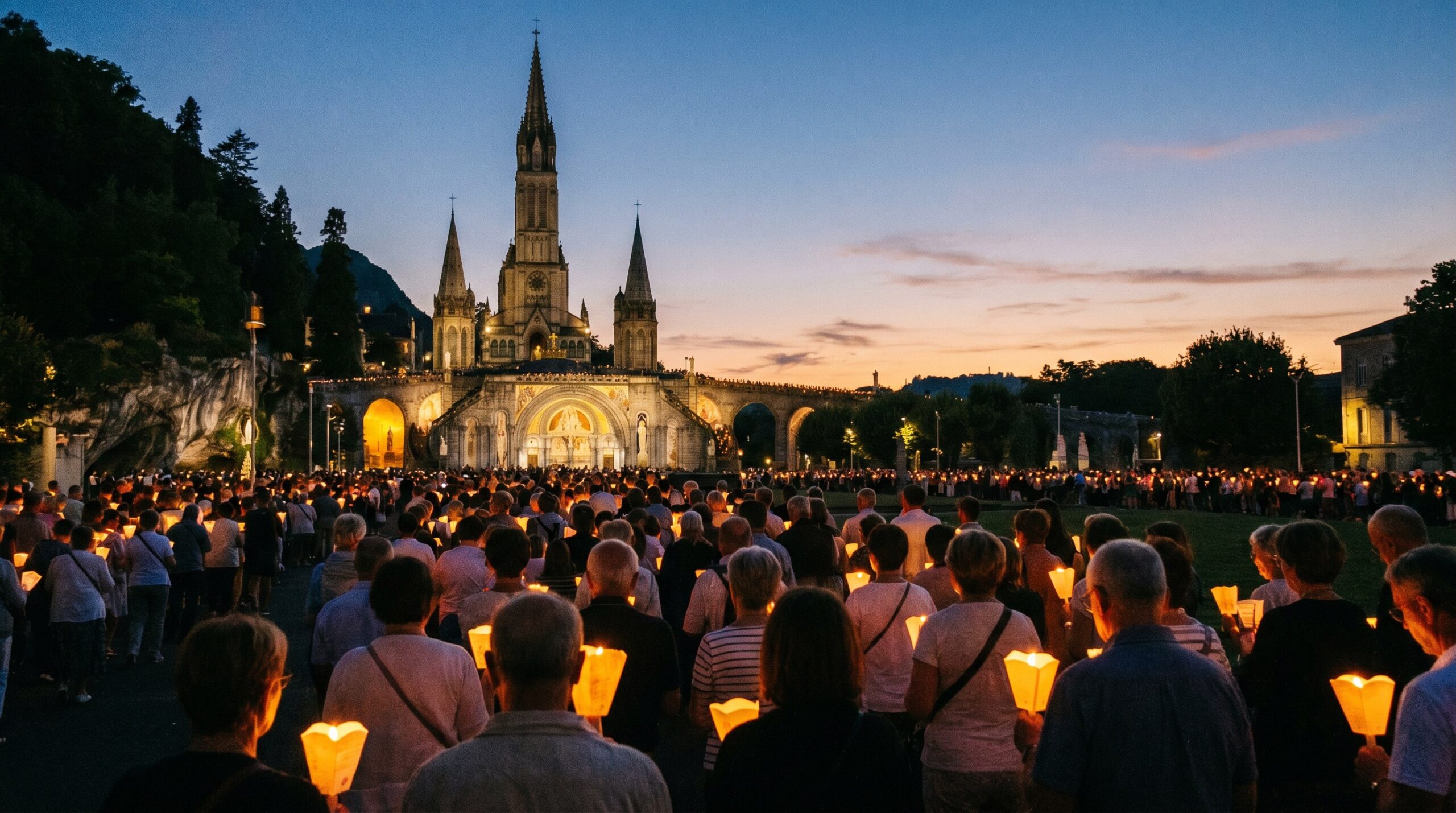 Procesja różańcowa ze świecami przed bazyliką w Lourdes – litania do Matki Bożej z Lourdes