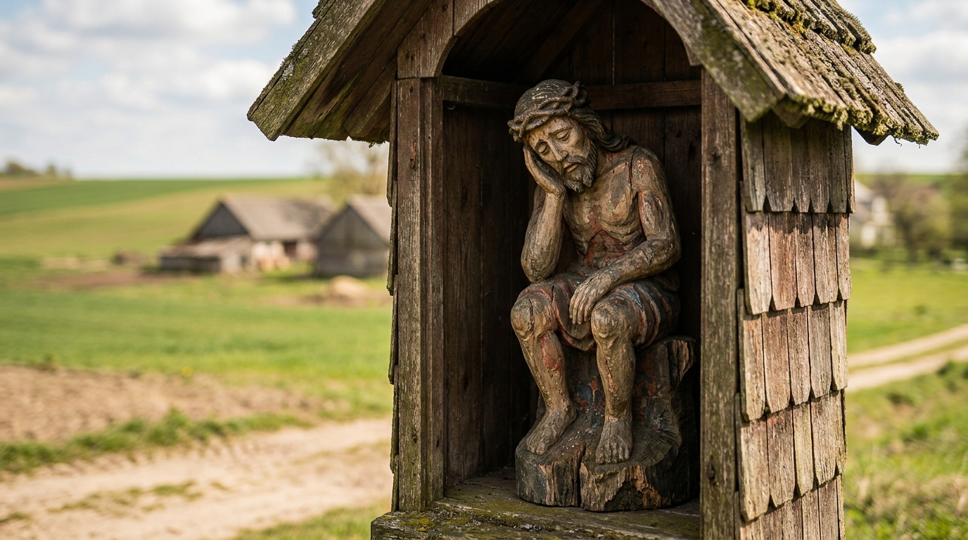 Ludowa drewniana figura Chrystusa Frasobliwego w przydrożnej kapliczce na tle polskiego krajobrazu