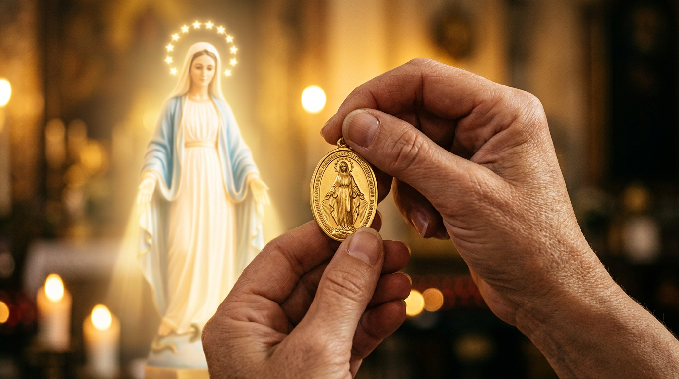 Cudowny Medalik trzymany w dłoniach, Matka Boża Niepokalana w tle
