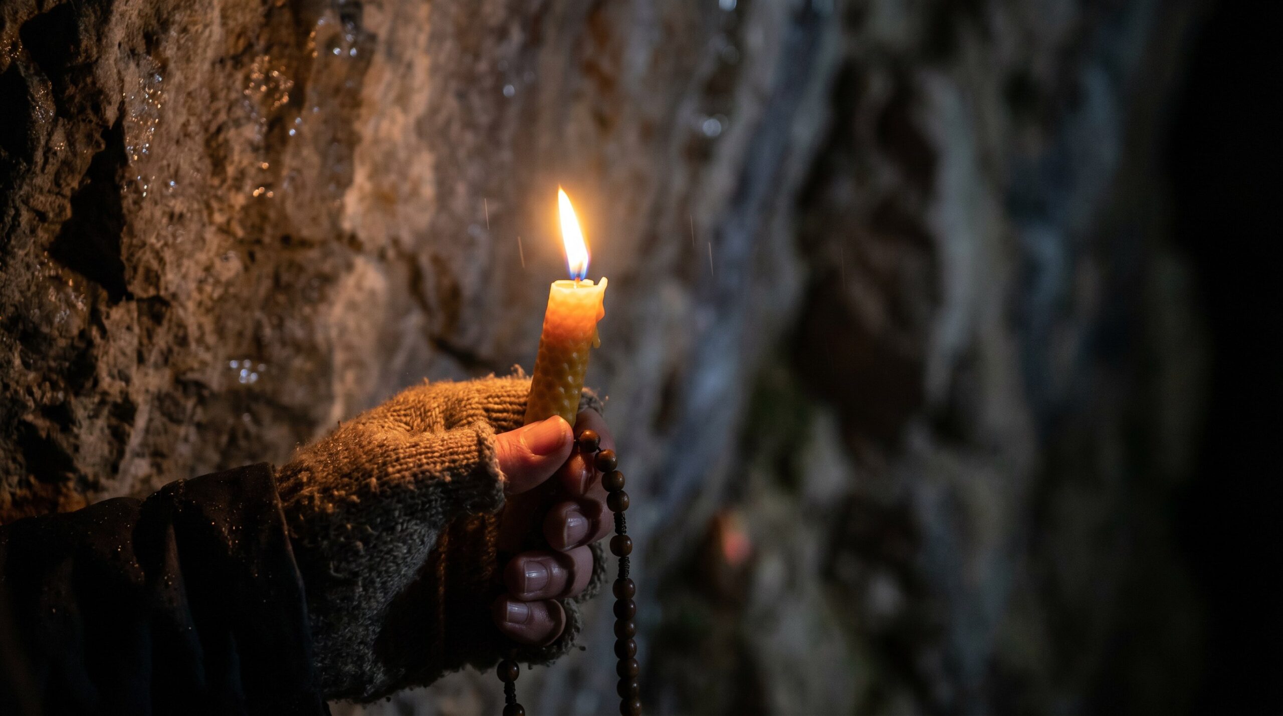 Dłoń ze świecą i różańcem przy grocie w Lourdes