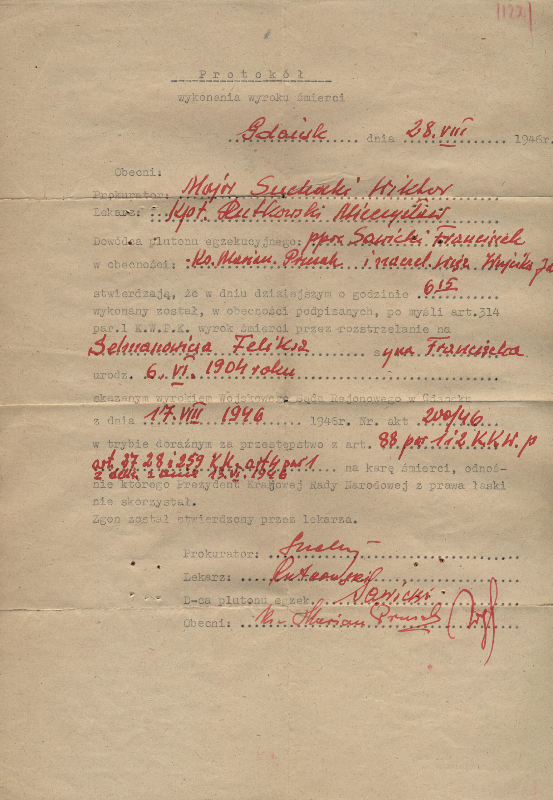 Protokół wykonania wyroku śmierci na Feliksie Selmanowiczu, Gdańsk 28 sierpnia 1946