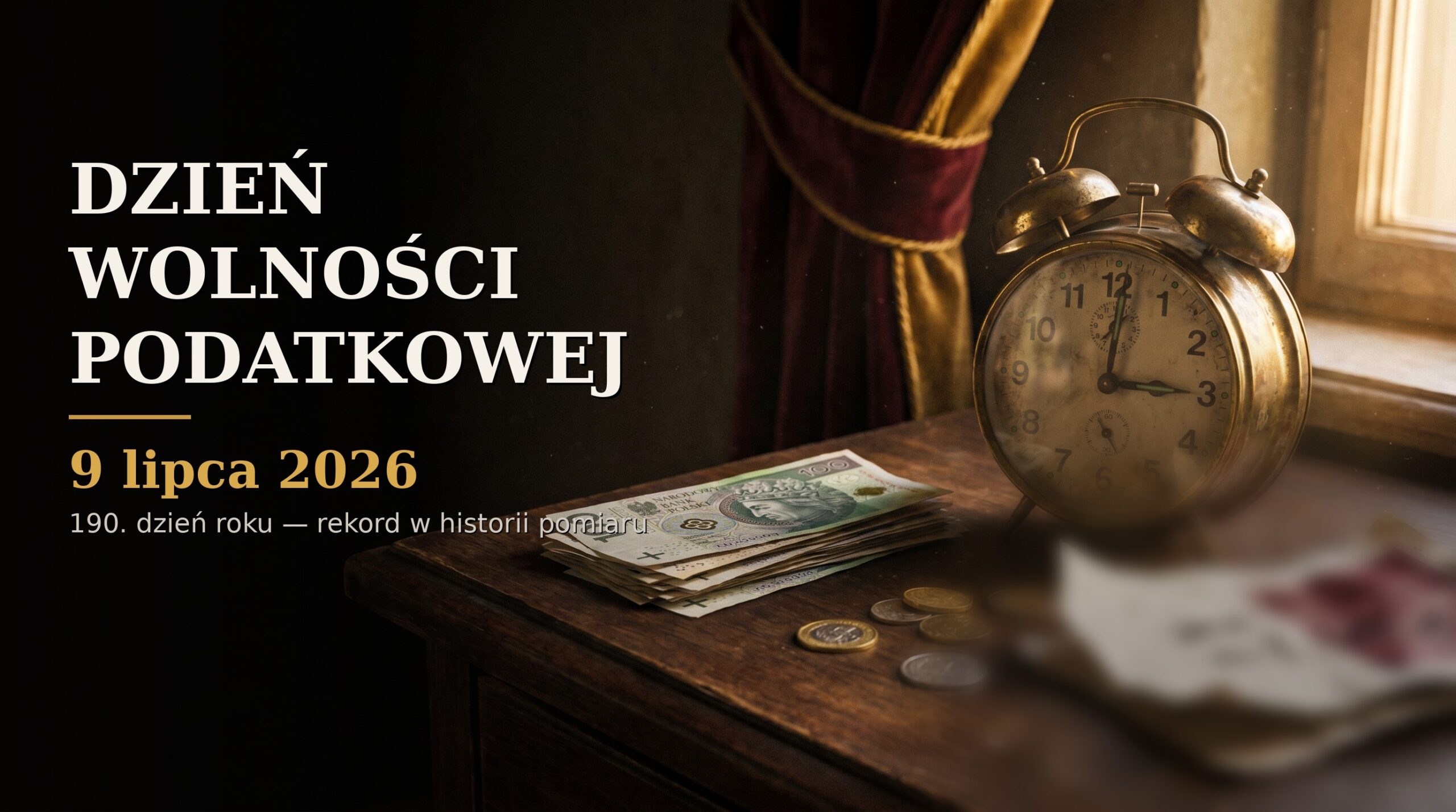 Dzień Wolności Podatkowej 2026 przypada 9 lipca — zegar, polskie banknoty i monety