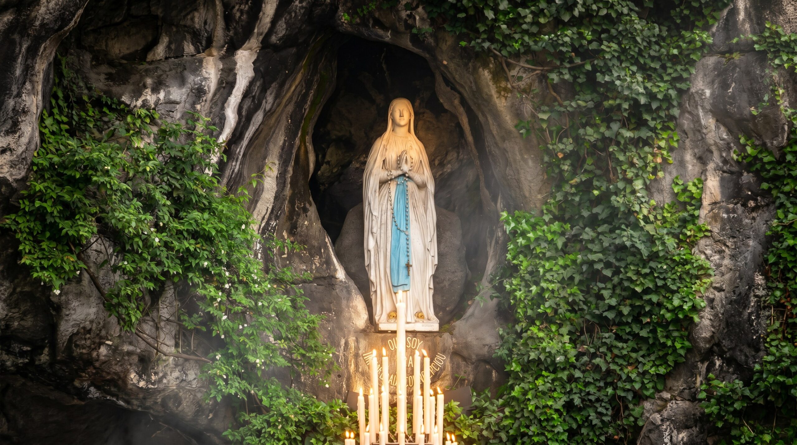 Figura Matki Bożej z Lourdes w grocie Massabielle ze świecami – modlitwa o uzdrowienie