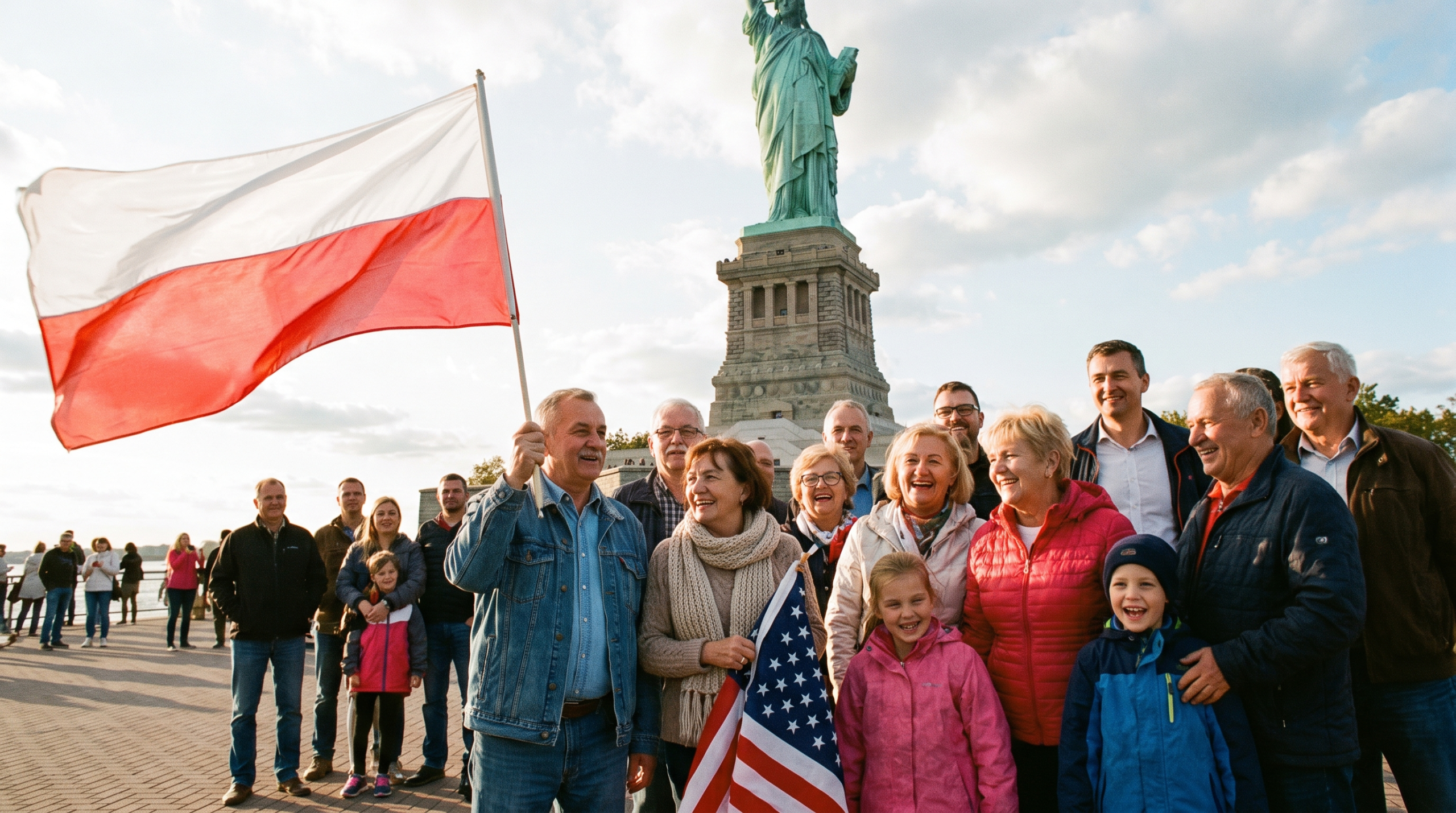 Polonia w USA — Polacy z flagą polską i amerykańską przed Statuą Wolności w Nowym Jorku (grafika ilustracyjna)