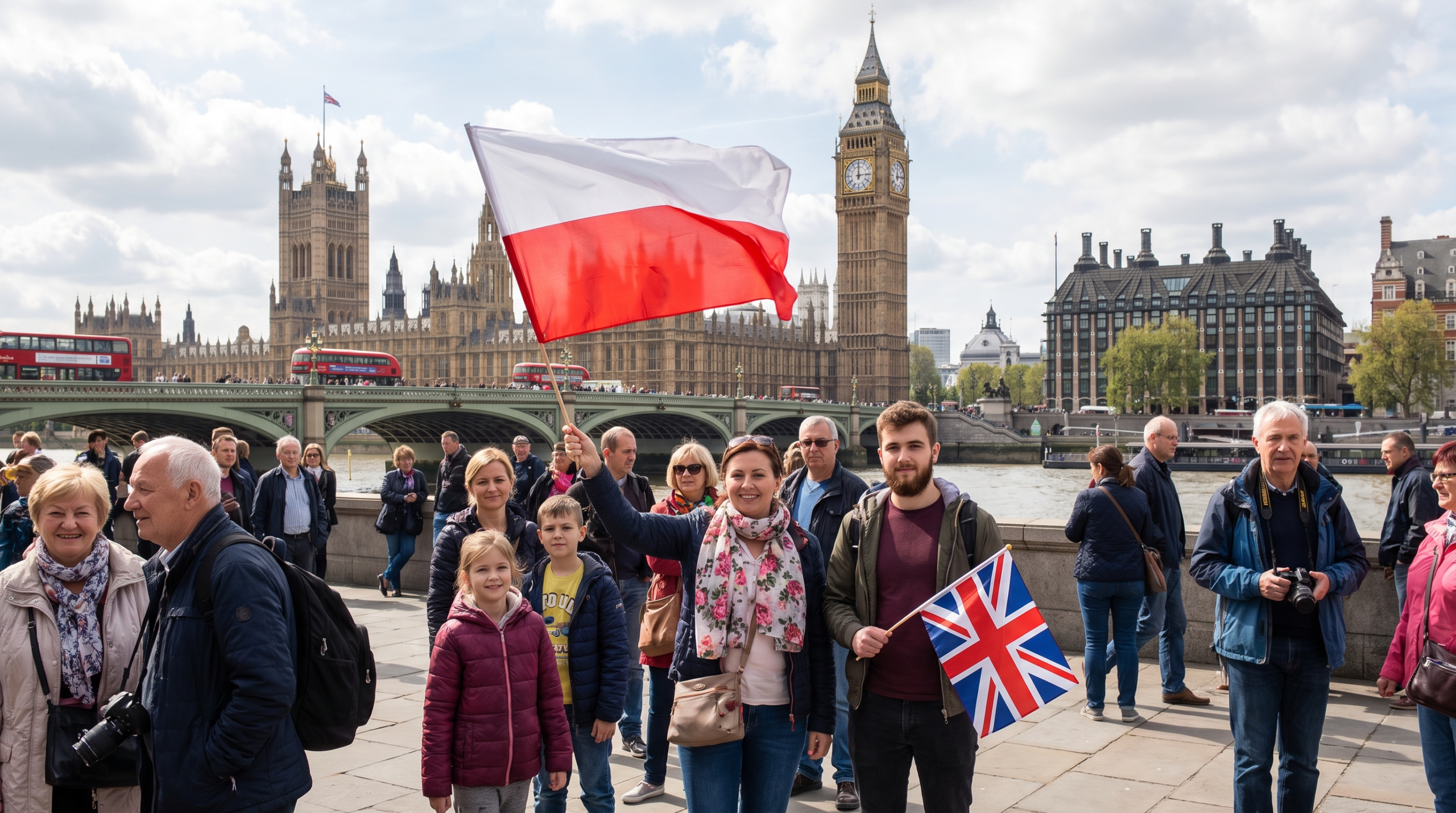 Polonia w Wielkiej Brytanii — Polacy z flagą polską i brytyjską przed Big Benem i Parlamentem w Londynie (grafika ilustracyjna)