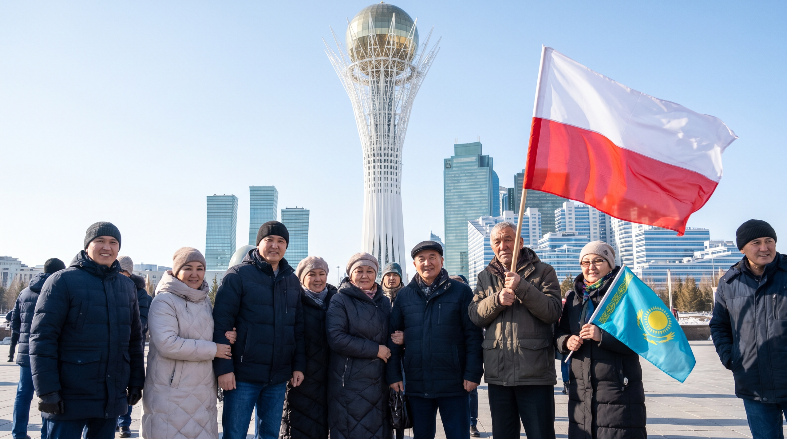Polonia w Kazachstanie — potomkowie polskich zesłańców z flagą polską i kazachską przed wieżą Bajterek w Astanie (grafika ilustracyjna)