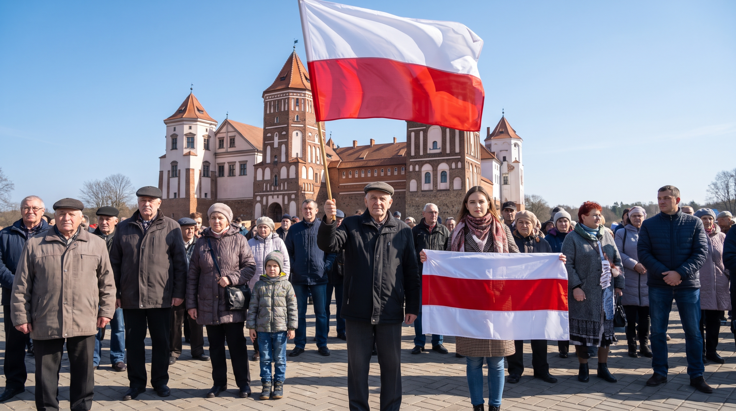 Polacy na Białorusi — polska mniejszość z flagą Polski i biało-czerwono-białą flagą białoruskiej opozycji przed Zamkiem w Mirze (grafika ilustracyjna)