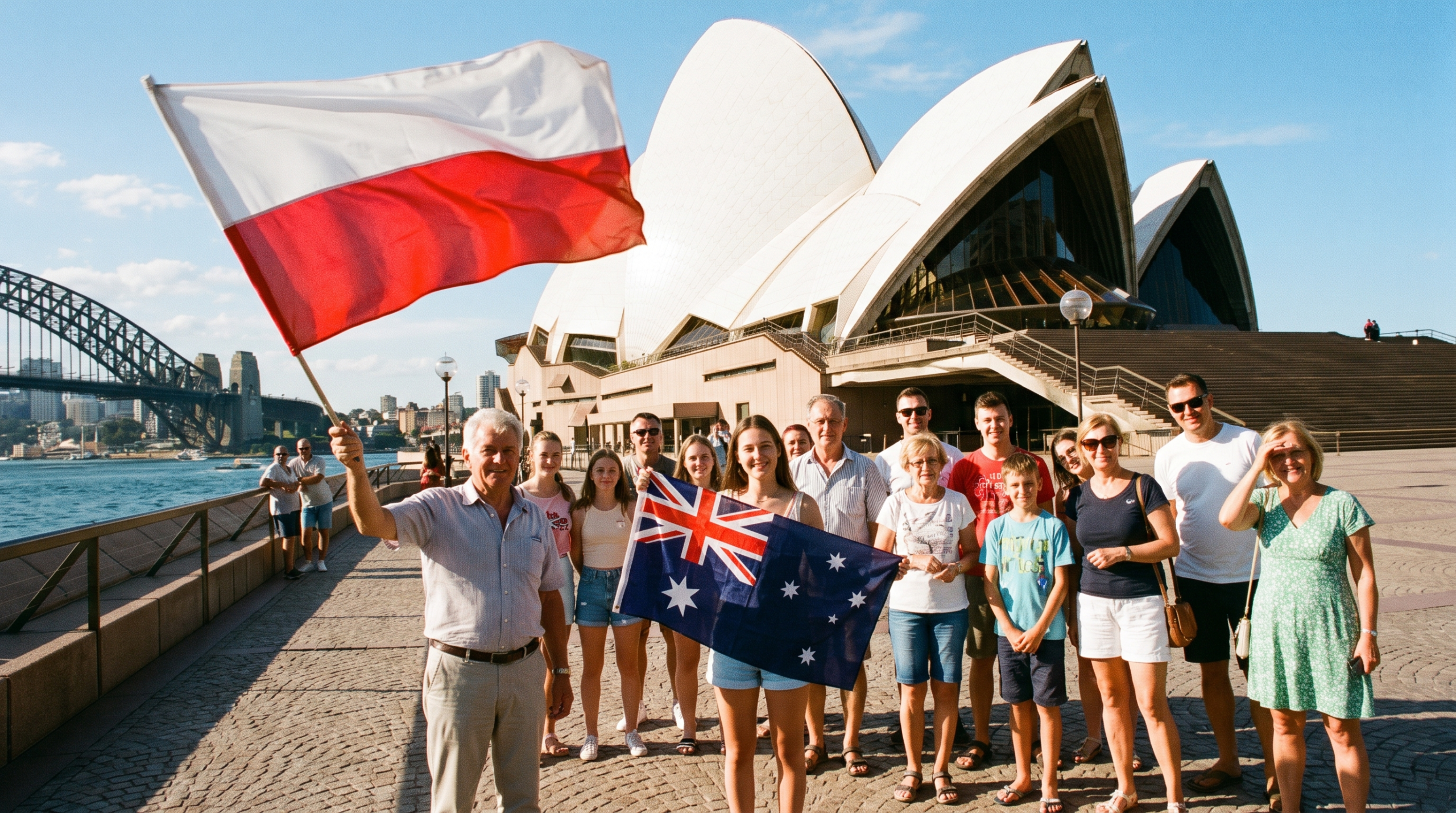 Polonia w Australii — Polacy z flagą polską i australijską przed Operą w Sydney (grafika ilustracyjna)