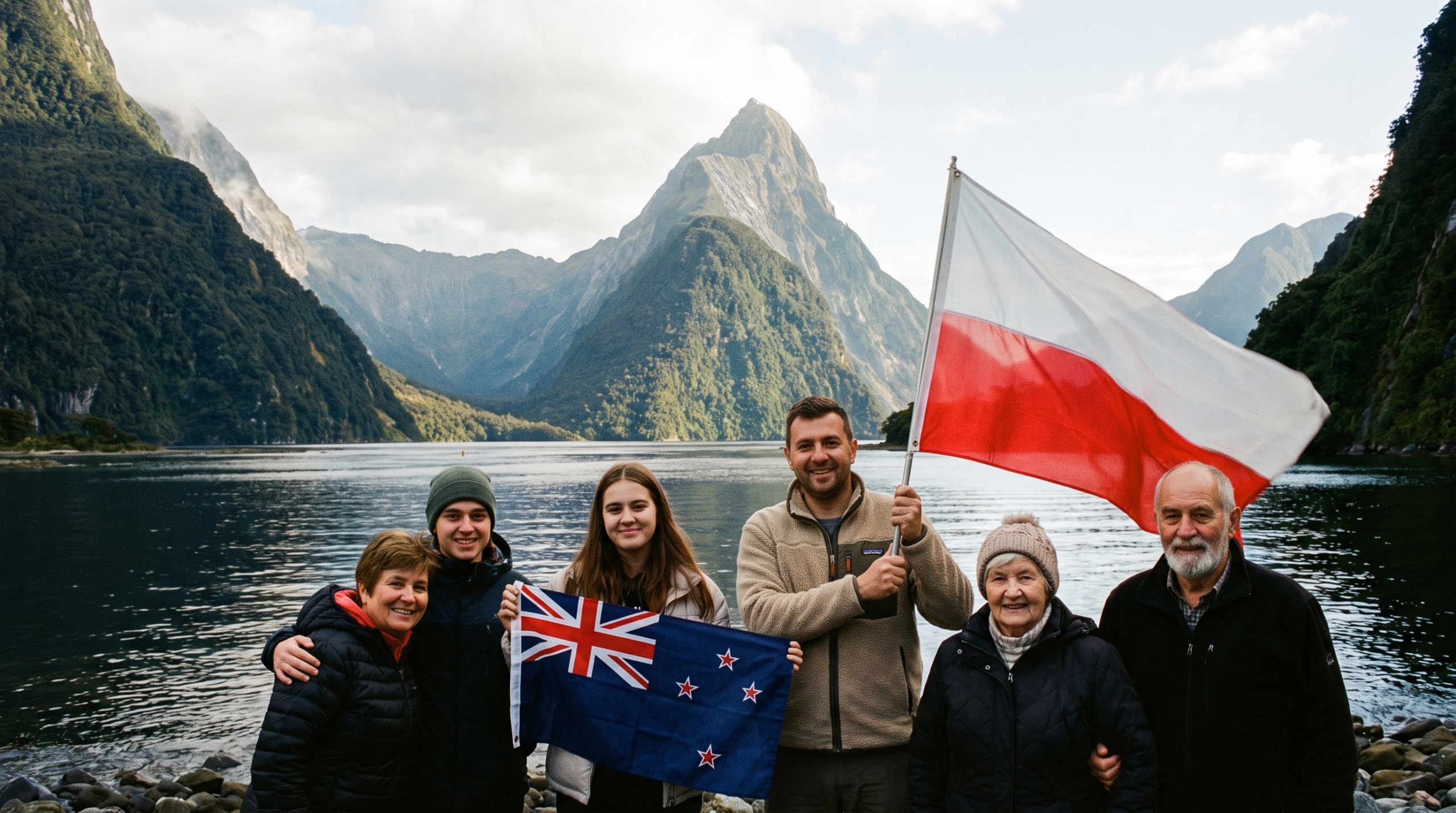 Polonia w Nowej Zelandii — polska rodzina z flagą Polski i Nowej Zelandii nad Milford Sound (grafika ilustracyjna)