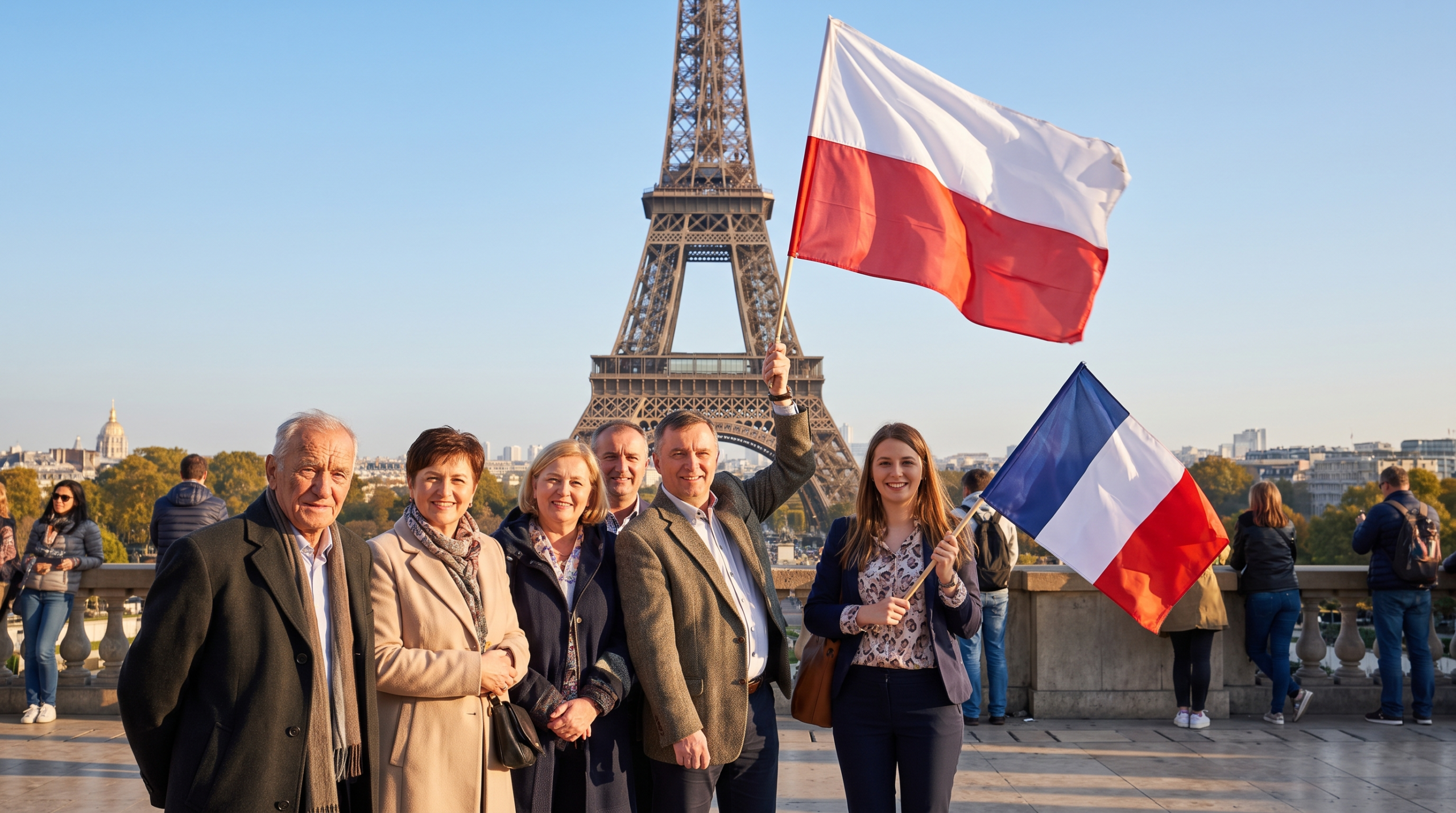 Polonia we Francji — Polacy z flagą polską i francuską przed wieżą Eiffla w Paryżu (grafika ilustracyjna)