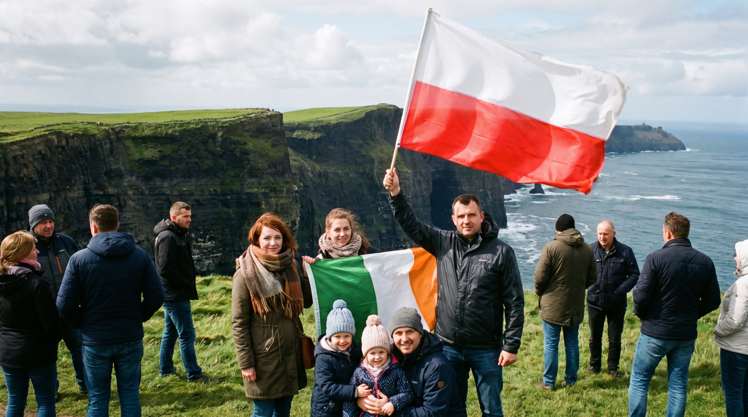 Polonia w Irlandii — polska rodzina z flagą polską i irlandzką na Klifach Moher (grafika ilustracyjna)