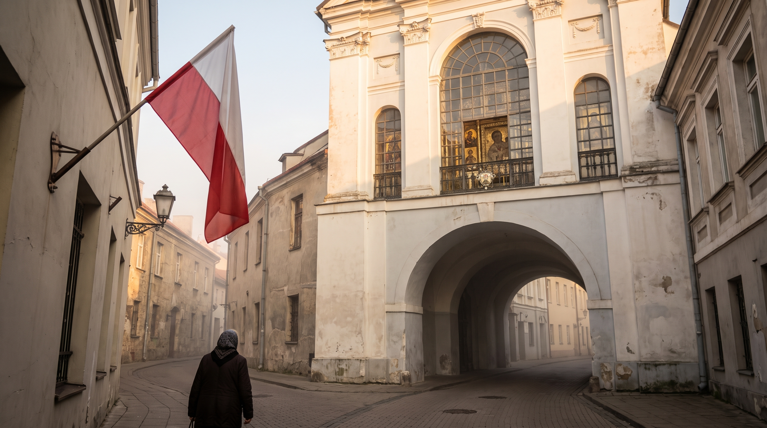 Ostra Brama w Wilnie z polską flagą. Zdjęcie wygenerowane AI
