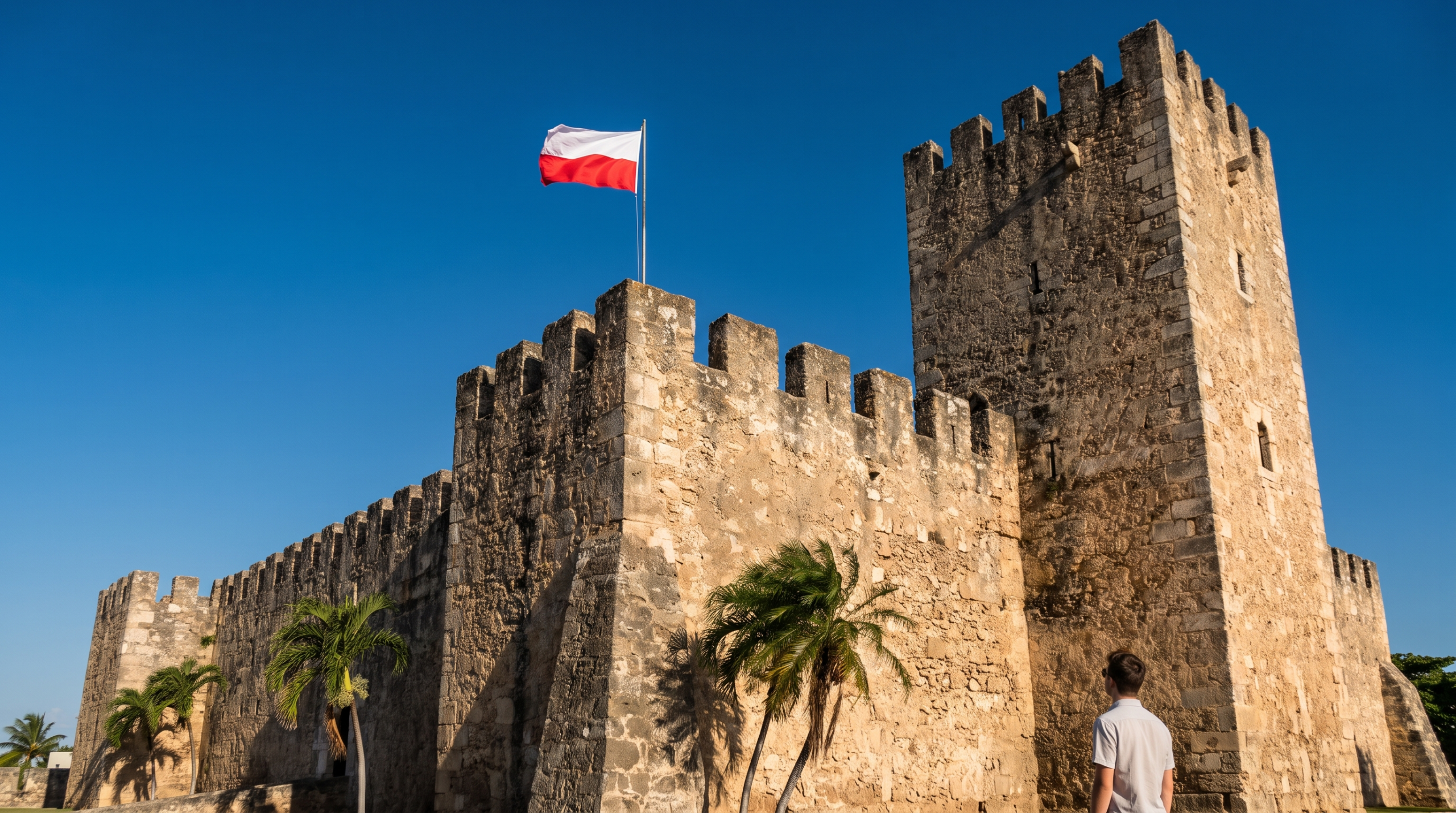 Twierdza Ozama w Santo Domingo na Dominikanie z polską flagą. Zdjęcie wygenerowane AI