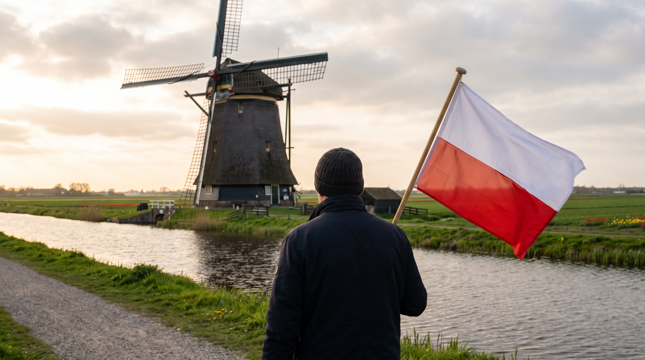 Mężczyzna z polską flagą przed holenderskim wiatrakiem nad kanałem. Zdjęcie wygenerowane AI