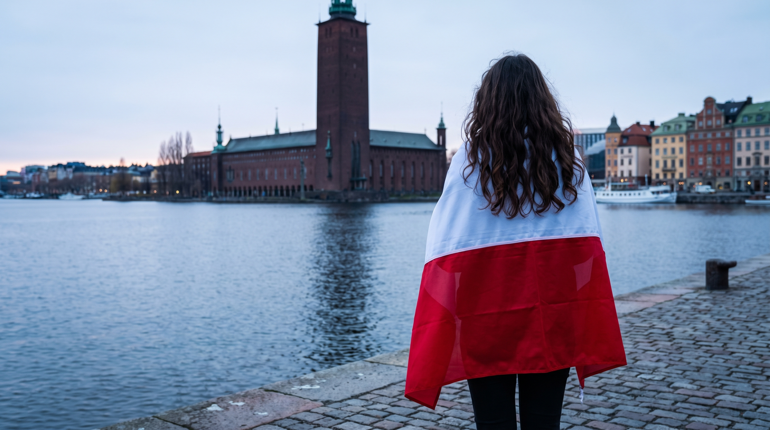 Kobieta otulona polską flagą nad wodą przed ratuszem w Sztokholmie. Zdjęcie wygenerowane AI