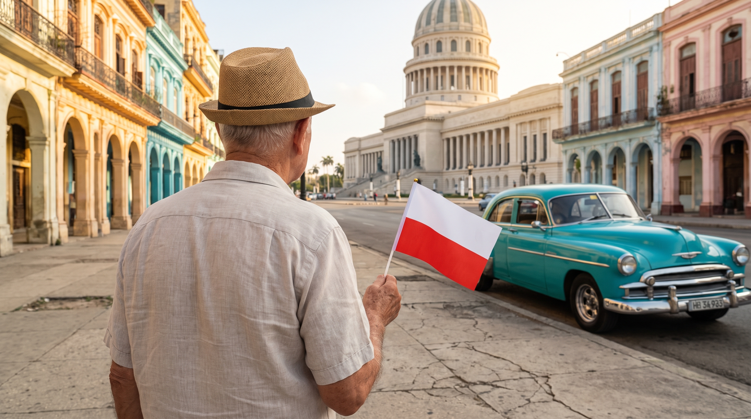Mężczyzna z polską flagą przed El Capitolio w Hawanie. Zdjęcie wygenerowane AI