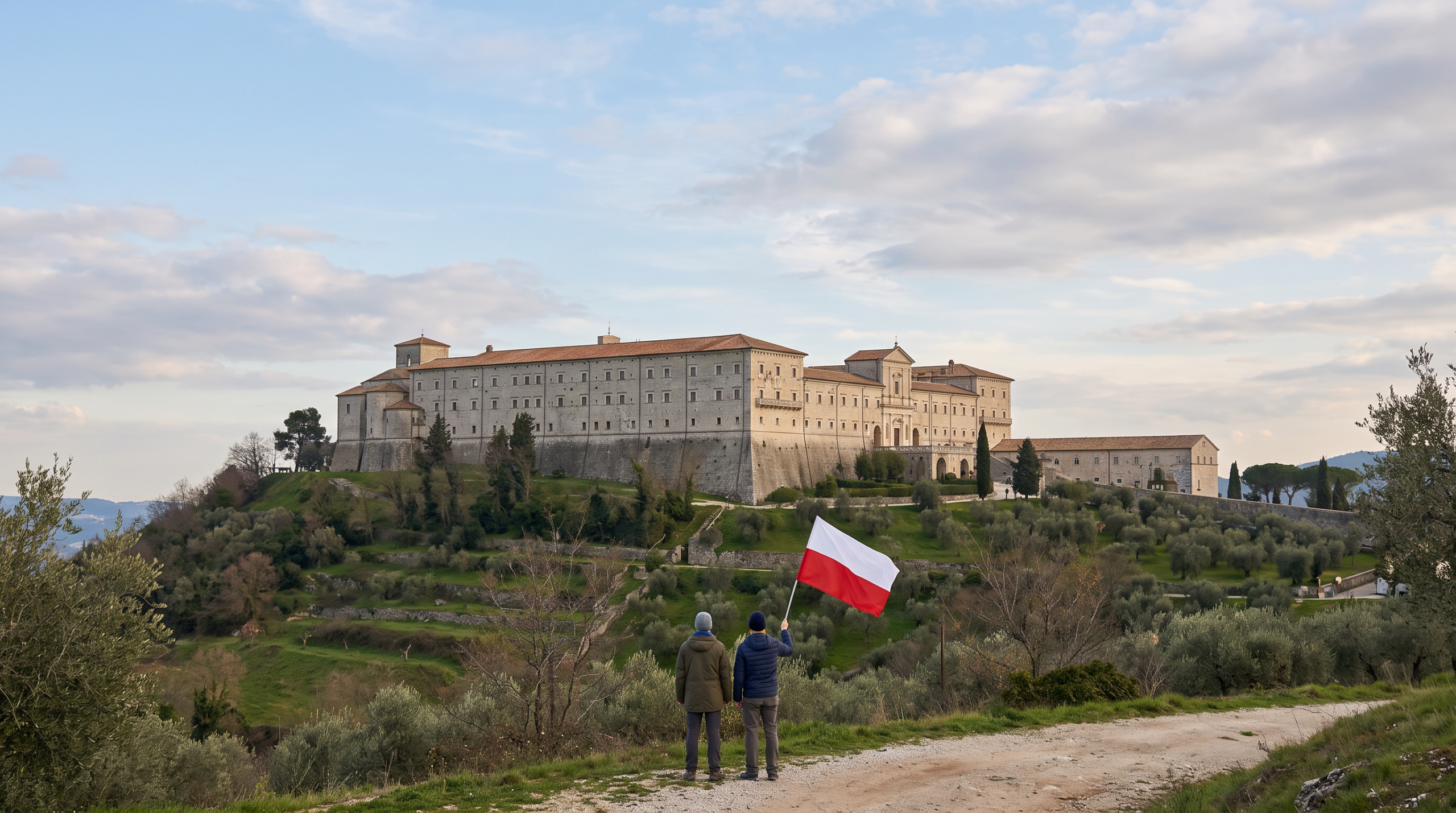 Opactwo na Monte Cassino, na pierwszym planie osoba z polską flagą – zdjęcie wygenerowane AI