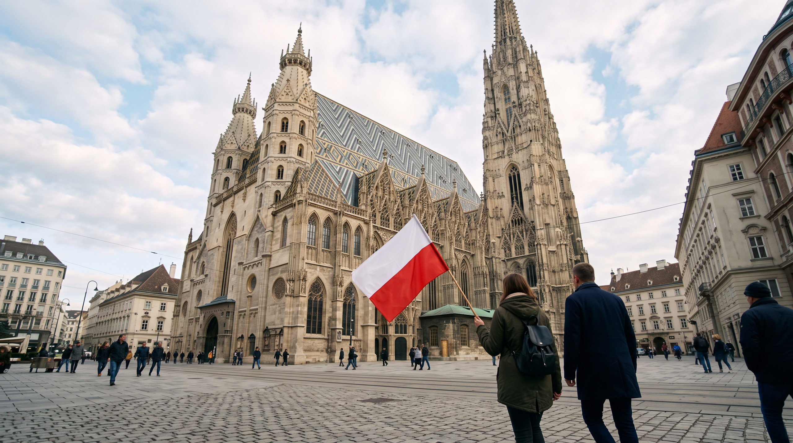 Katedra św. Szczepana w Wiedniu, na pierwszym planie osoba z polską flagą – zdjęcie wygenerowane AI