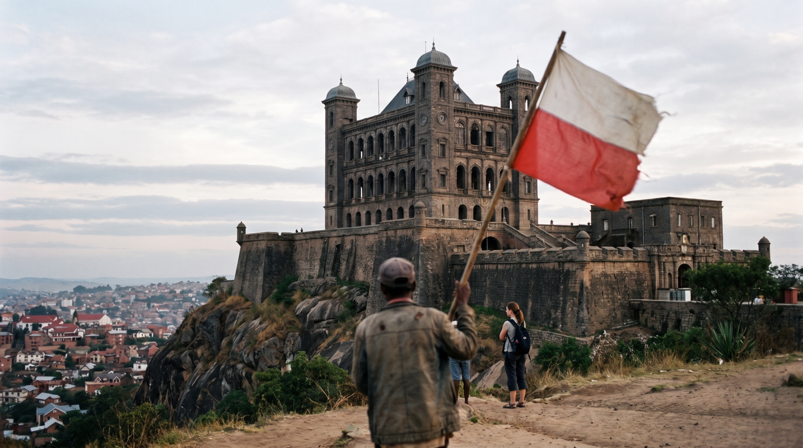 Pałac Królowej (Rova) w Antananarywie, na pierwszym planie osoba z polską flagą – zdjęcie wygenerowane AI