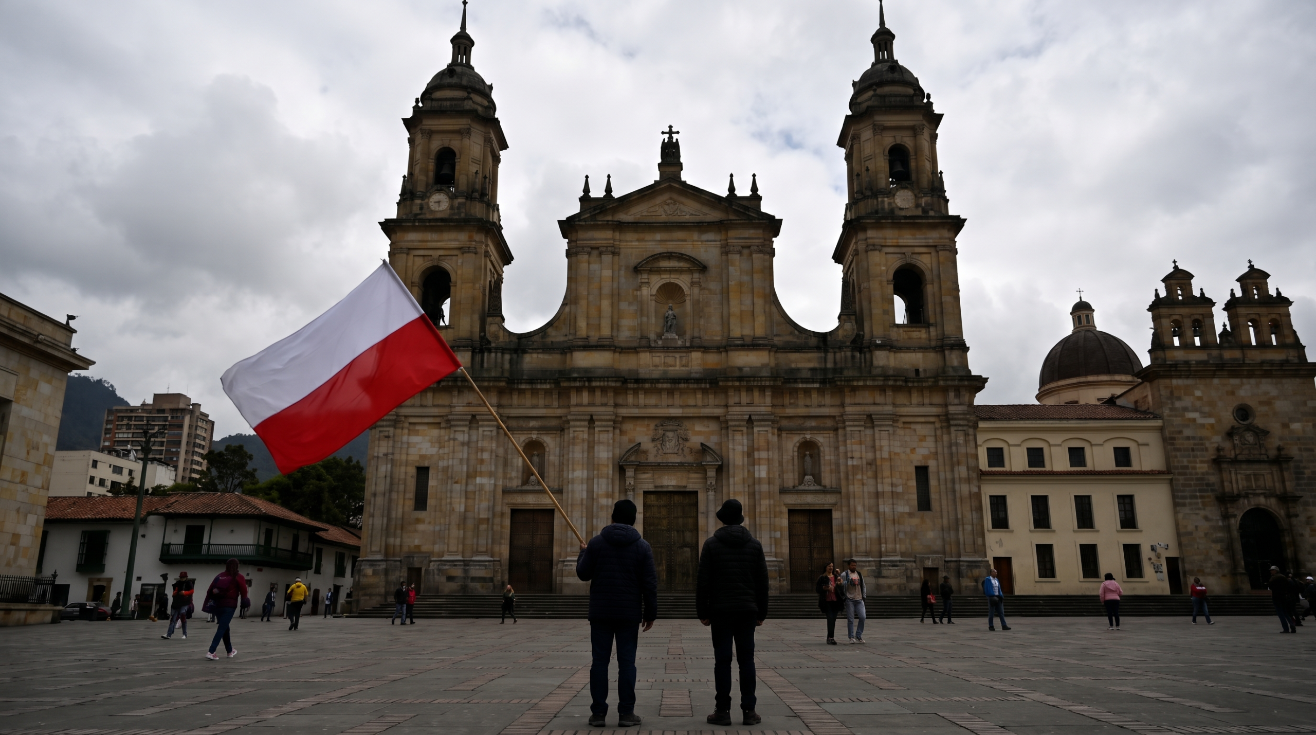 Katedra Prymasowska w Bogocie, na pierwszym planie osoba z polską flagą – zdjęcie wygenerowane AI