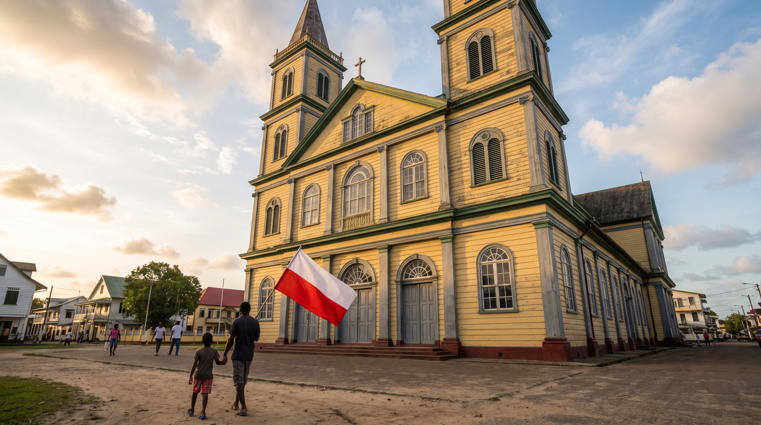 Katedra św. Piotra i Pawła w Paramaribo, na pierwszym planie osoba z polską flagą – zdjęcie wygenerowane AI