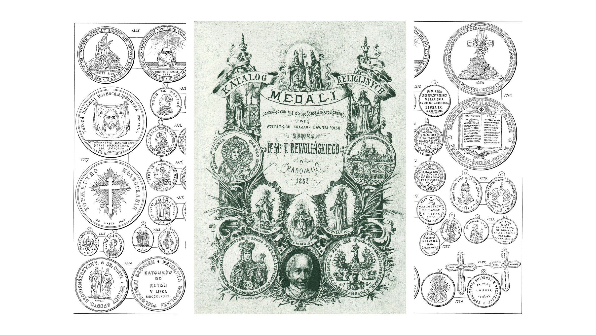 Katalog medalików religijnych Teofila Rewolińskiego — strona tytułowa i tablice rycin (Radom 1887)