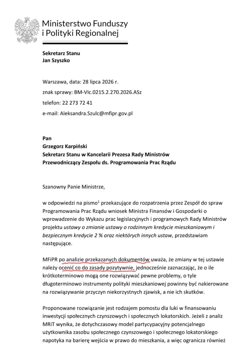 Pismo MFiPR w sprawie projektu wprowadzającego kredyt na partycypację TBS