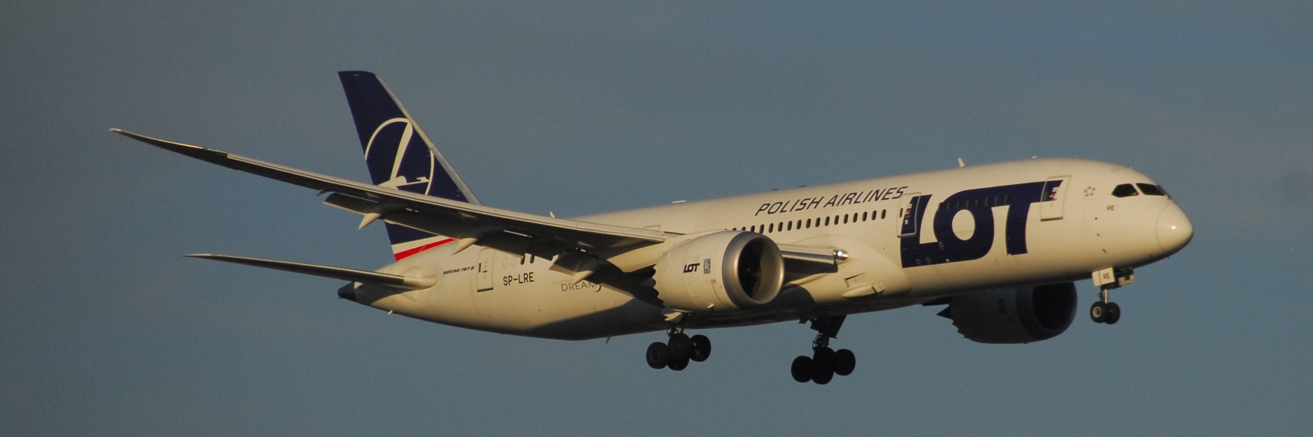 Samolot Boeing 787-8 Dreamliner PLL LOT Polskie Linie Lotnicze z logo LOT na kadłubie — lot z Warszawy