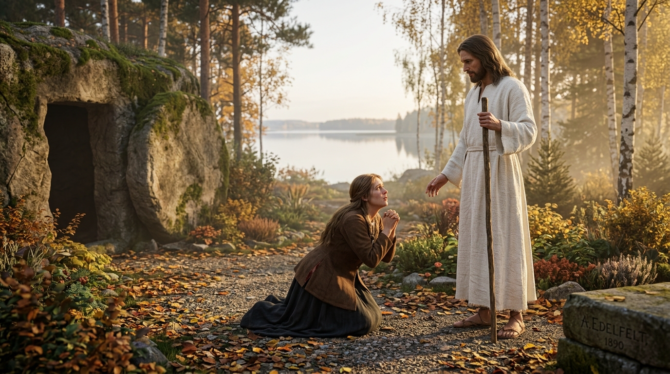 Zmartwychwstały Jezus ukazuje się Marii Magdalenie przy pustym grobie - scena Noli me tangere