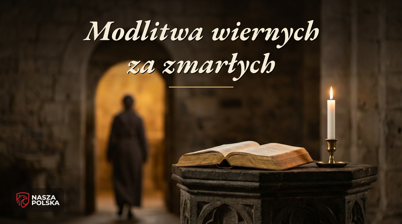 Modlitwa wiernych za zmarłych – otwarta księga liturgiczna i świeca w kościele, wezwania modlitwy powszechnej za zmarłych
