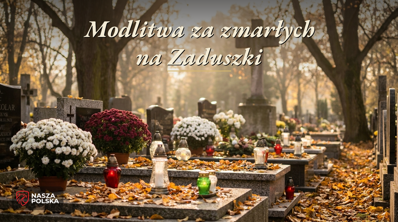 Modlitwa za zmarłych na Zaduszki – jesienny cmentarz z chryzantemami i zniczami w Dzień Zaduszny