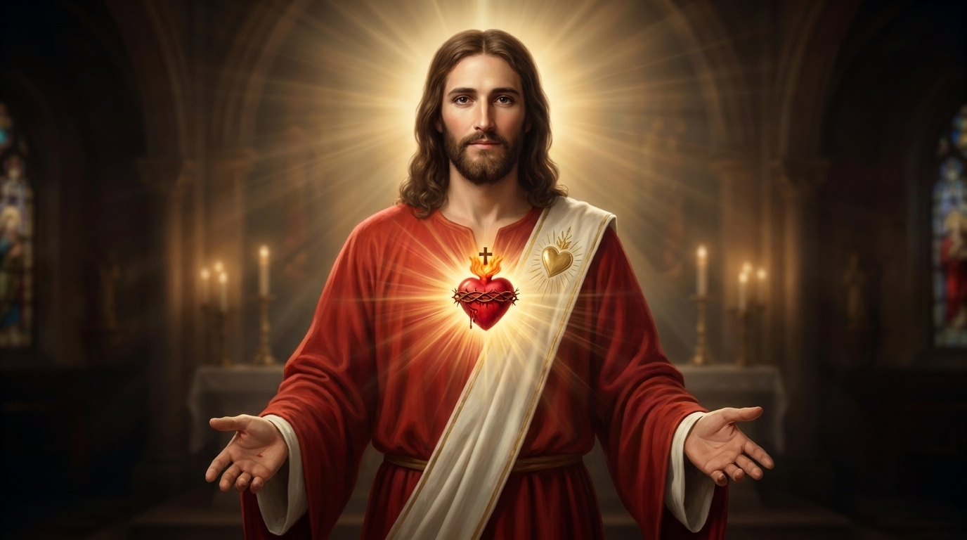 Jezus Chrystus z gorejącym Sercem — modlitwa zanurzenia we Krwi Chrystusa